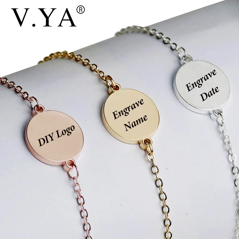 

V.YA Engraved Rose Gold Bracelets For Women/Men Stainless Steel Customized Name Silver Bangles For Female Personalized Jewelry