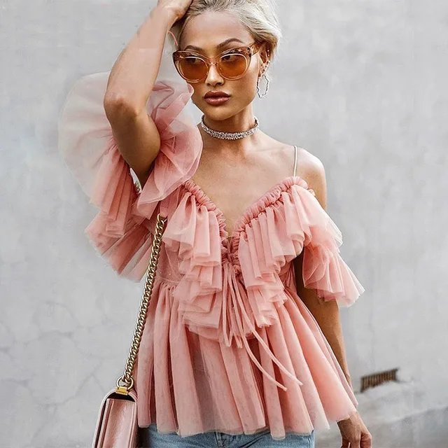 US $7.99 Sexy deep v neck backless vintage women summer blouse Elegant ruffle off shoulder shirt tops female