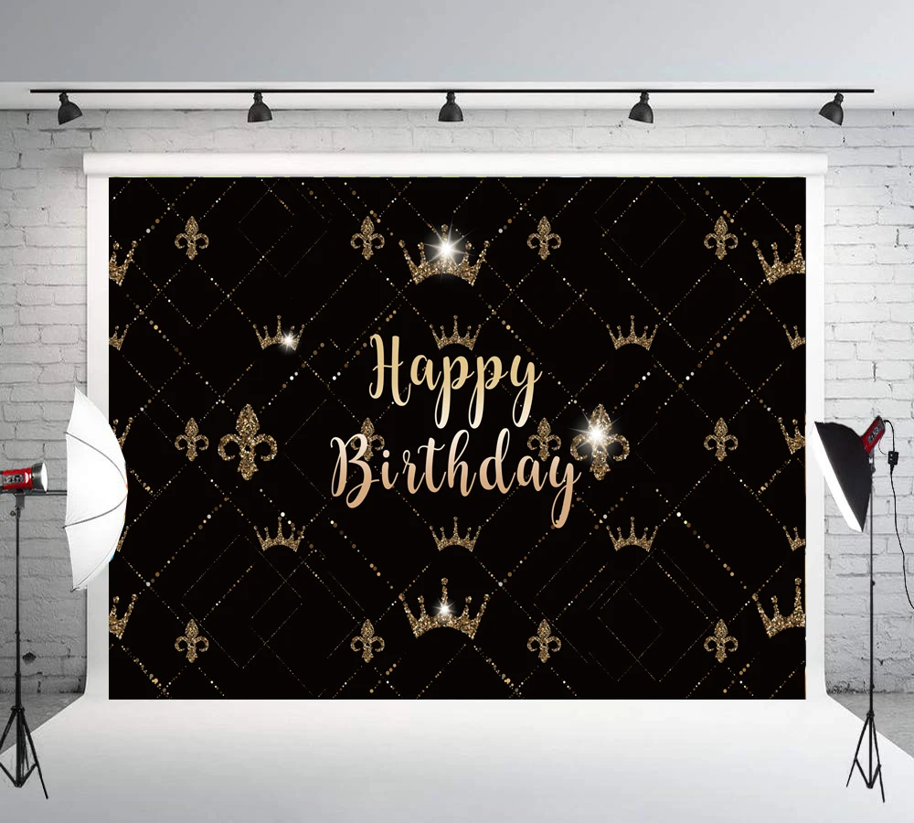

30th 50th 40th 60th Happy Birthday Photography Backdrops Black and Golden Crown Photo Background for Women Photo Booth LW-1140