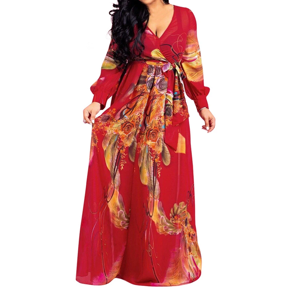 

Casual Print Women Dress Bohemian Ladies Flare Long Sleeves Floor-length Maxi Dress Sexy Deep V-neck Femme Chiffon Vintage Dress