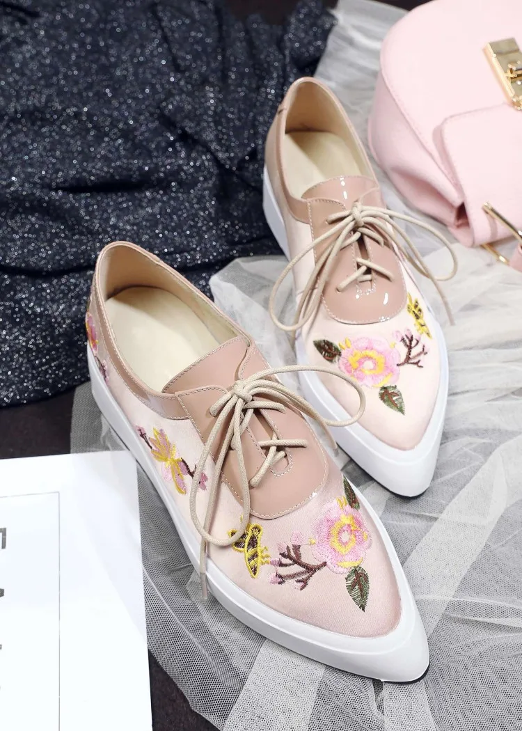 Creepers Casual Wohnungen Frauen Sohlen Schuhe Plattform Rosa Dicken Weibliche Up Herbst 2019 Lace apricot Silk Turnschuhe Spitz Pnxq6qCw