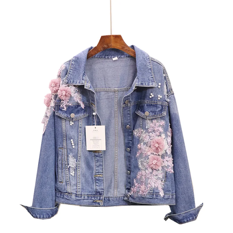 

LYFZOUS Flowers Embroidery Denim Jacket Women Spring Autumn Jean Bomber JacketS Loose Blue Tops For Woman