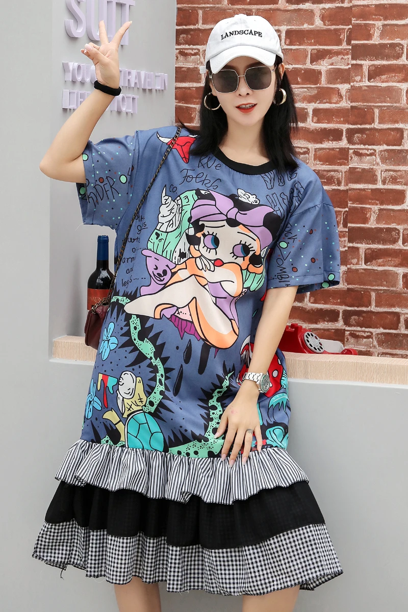Thai Tide/Модная свободная футболка с короткими рукавами; Женская длинная футболка с рисунком; шикарное платье с вышивкой и оборками
