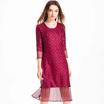 

Plus Size Women Dress Stretch Miyake Pleats 2019 Spring Autumn New Solid Color Round Neck Plaid Mesh Boutique Casual Dresses