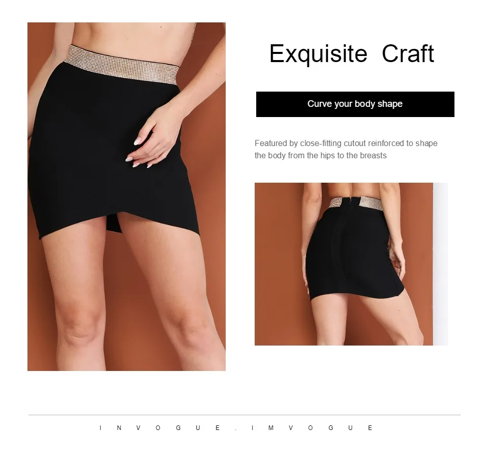 INVOGUE. IMVOGUE Новое поступление Изящные бриллианты дизайн высокая Талия Bodycon сплошной цвет повязки мини юбка