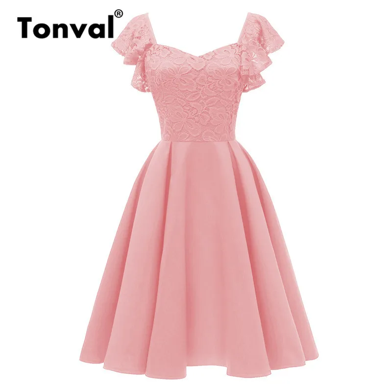 Tonval Кружевное Розовое женское платье с рюшами на рукавах, элегантное вечернее платье с открытой спиной, плиссированное винтажное платье - Цвет: Розовый