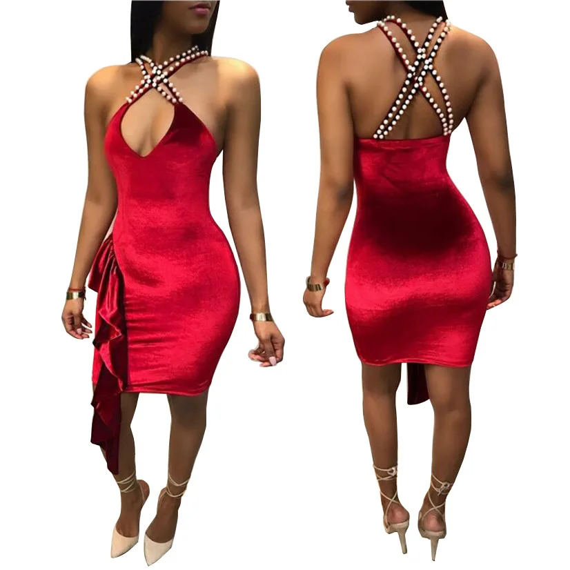 

Summer New Design Sexy Halter Dress Back Pearl Lotus Leaf Red Color Gold Velvet Dresses