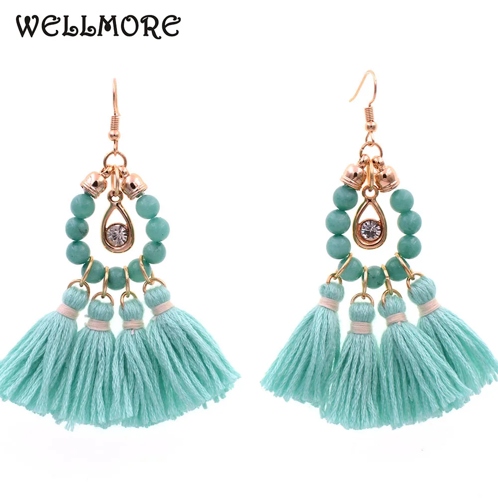 Женские серьги подвески WELLMORE из камня с кисточками эффектные ювелирные изделия