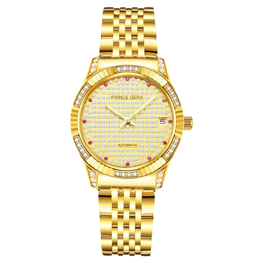 PRINCE GERA Роскошные 18 К золотые бриллианты автоматические часы для мужчин сапфировое стекло Сияющие бриллианты механические Автоматические наручные часы - Цвет: 18K gold women
