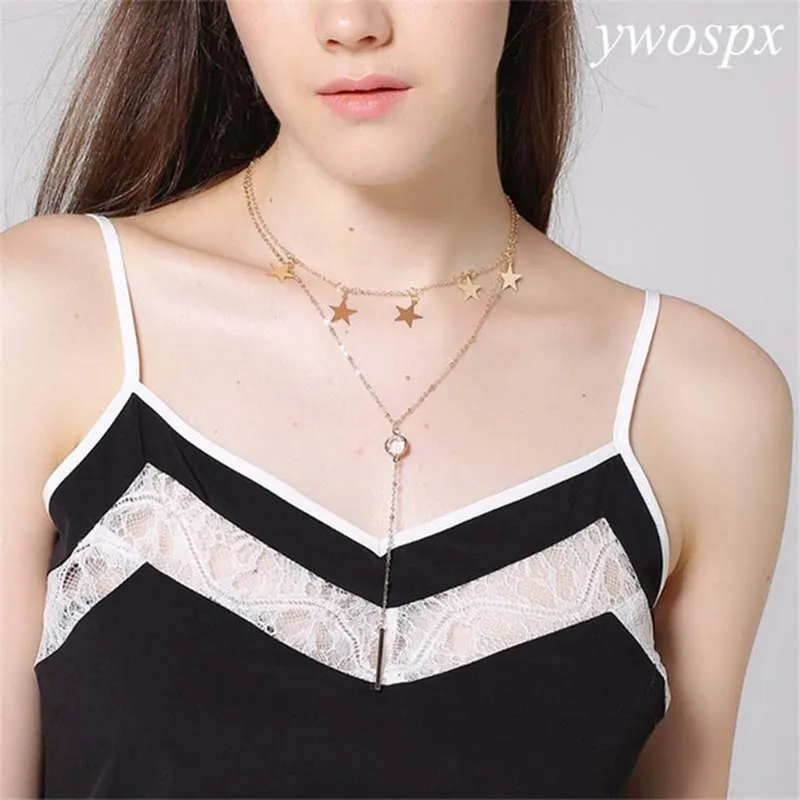 

Romantic Stars Gold Color Double Layer Pendant Necklaces for Women Jewelry Bohemian Chain Necklace Collar Bijoux Gifts