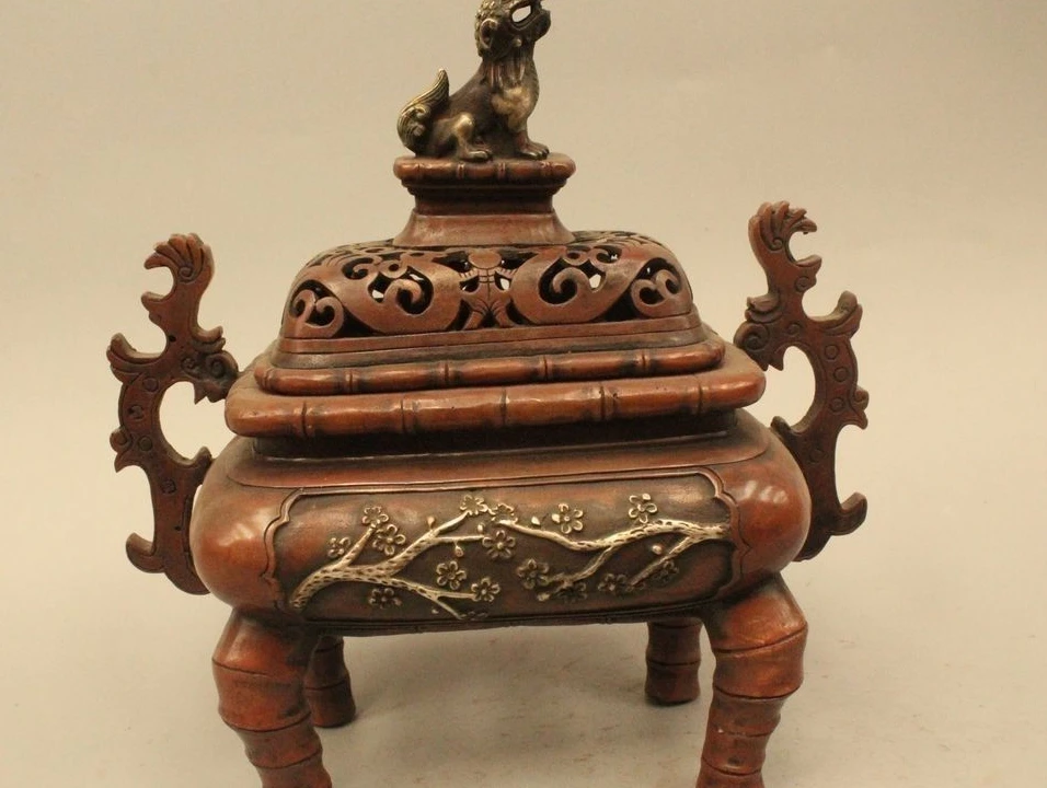 

9"China Chinese Dynasty Palace Bronze Silver Lion Kylin Incense Burner Censer