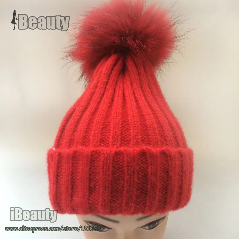 Детская зимняя шапка шар-помпон из натурального меха енота детские вязаные шапочки для детей теплая шерстяная Круглая Шапочка шапка для мальчиков и девочек - Цвет: red