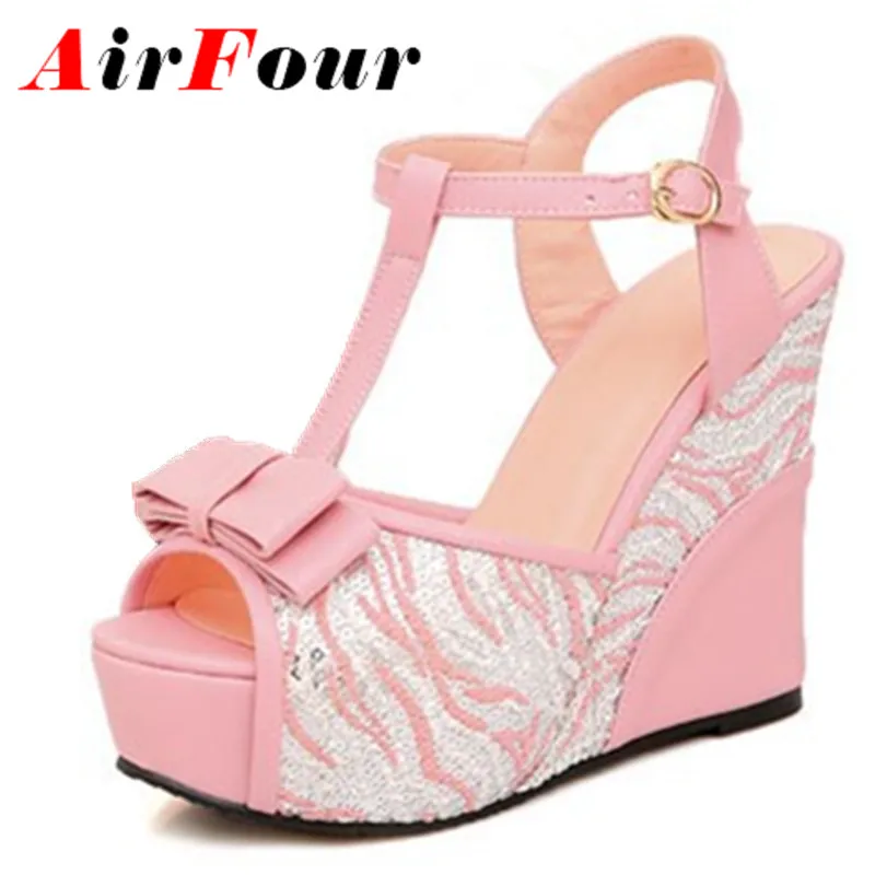

Airfour Fashion Pink White Sweet Ladies Shoes Woman Grade PU Sequins Bowtie Buckle T-Strap Sandals Women Wedges Platform Sandals