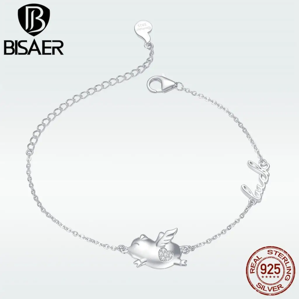 BISAER Летающая свинка браслет для женщин 925 пробы серебряные милые Подвески браслет модные серебряные ювелирные изделия подарок для девочки GAB022