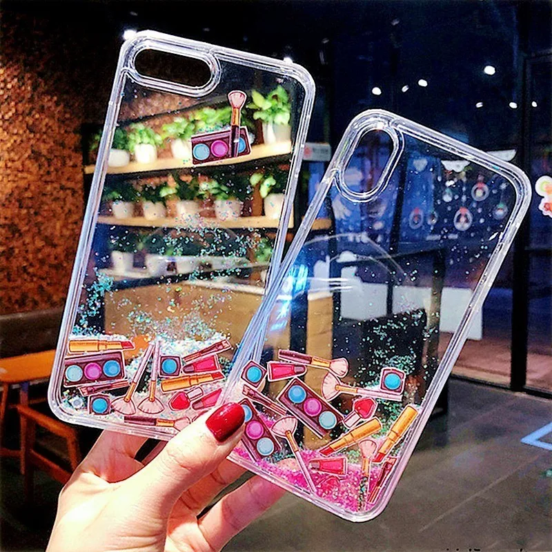

Dynamic Liquid Makeup Tools Quicksand Phone Case For iPhone XS MAX 6 7 8Plus XR Hard Glitter Lipstick Cosmetic Transparent Cover