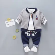 Новые детские комплекты одежды для мальчиков, осенне-зимние комплекты, костюмы с пальто, осенняя хлопковая футболка для маленьких мальчиков+ пальто+ штаны, комплект одежды из 3 предметов
