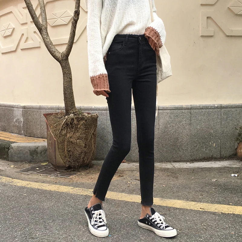 Весна Корейская версия Тонкий похудения разделение брюки-карандаш черные джинсы для женщин студентов Высокая талия брюки девочек студентов