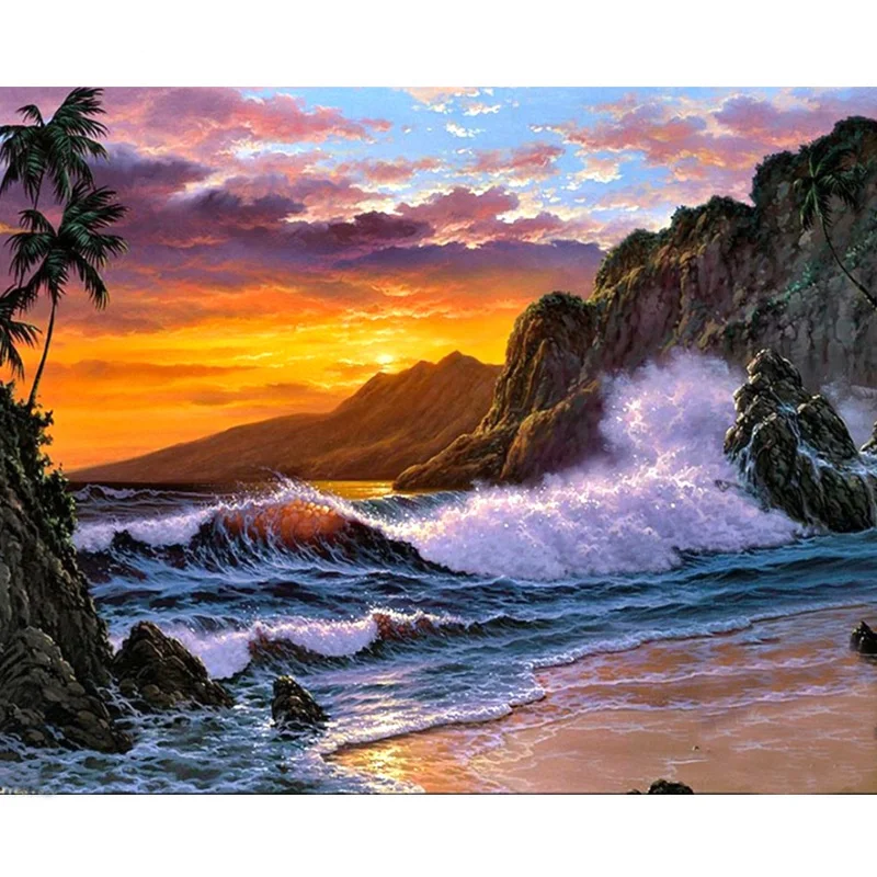 5d Diy Diamond Painting Landscape Sunset Beach Resin Diamond