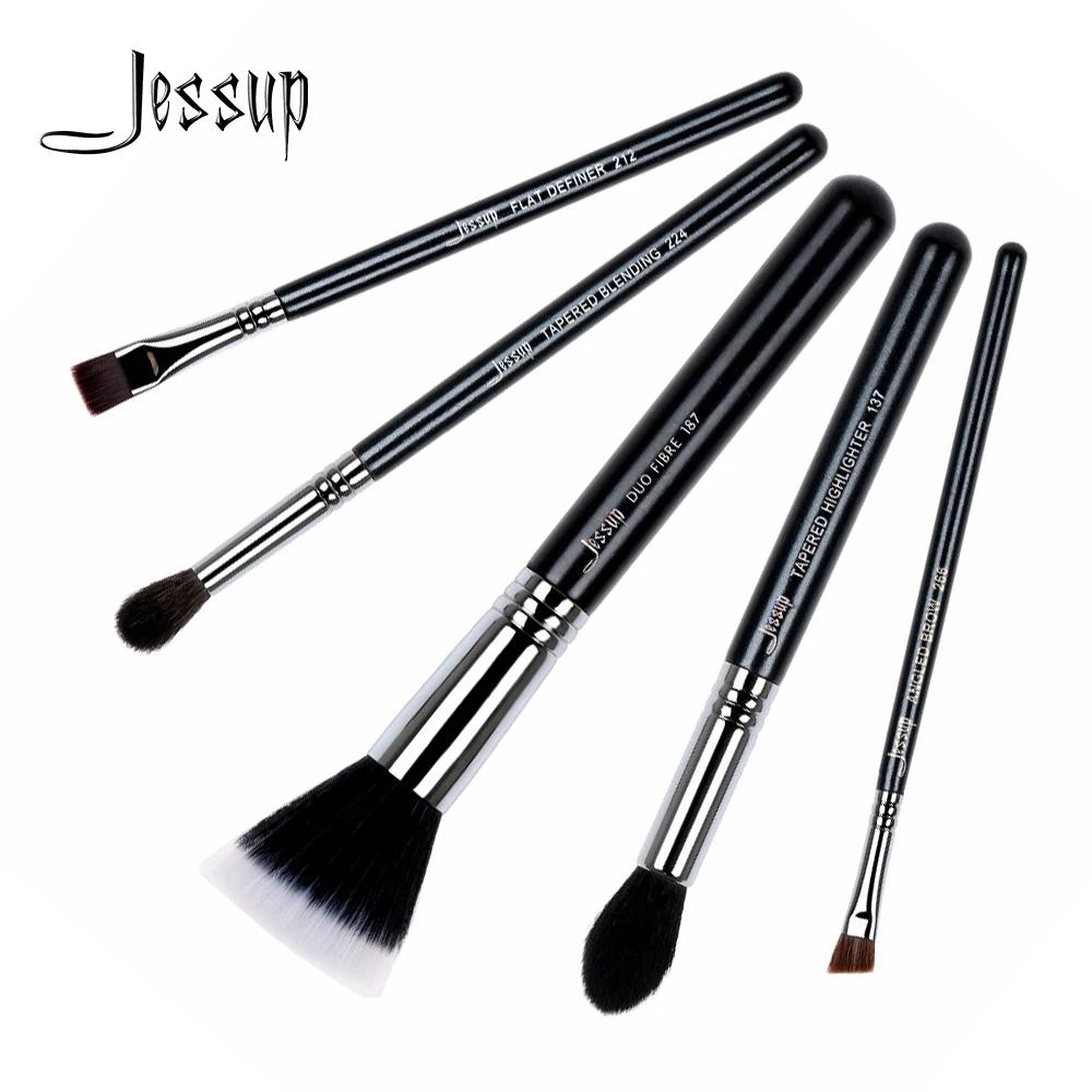 

Jessup New 5pcs Black/Silver Synthetic Hair Wooden Handle Highlighter Blending Definer Eyeshadow Eyebrow Makeup Brush Set T126