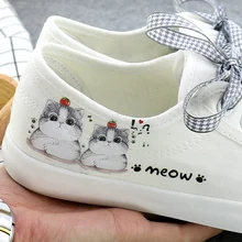 Youth Lovely Harajuku White Sneakers Women Summer Hand-Painted Canvas Shoes Fashion Meng Cat Pattern Casual Shoes Zapatos Mujer