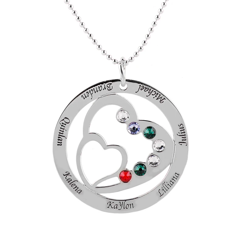 

Personalized Name Necklace with Birthstone,Round Custom Family Necklace Double Heart in the Cricle,Gift for Mother's Day #EW50
