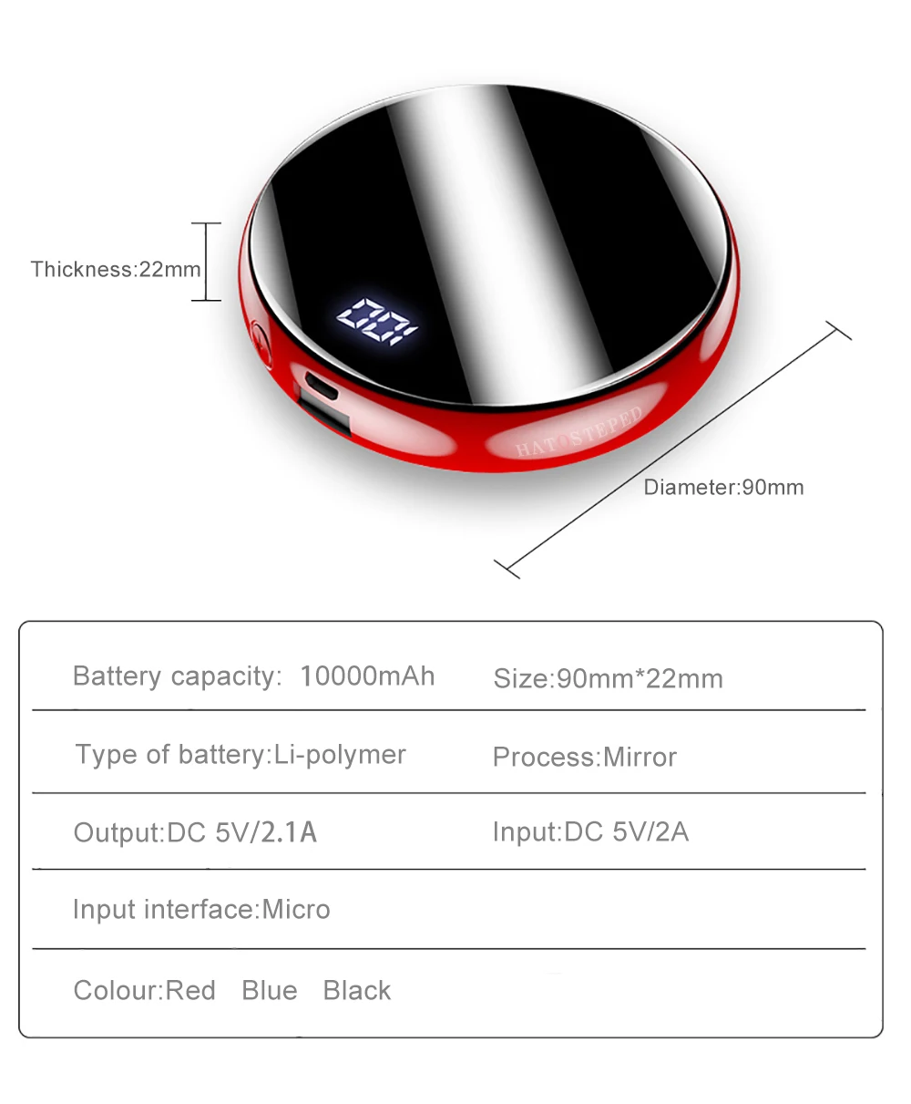 10000 мАч Мини Внешний аккумулятор внешний аккумулятор зеркало дисплей 2.1A Быстрая зарядка круглый банк питания портативное зарядное устройство для iphone