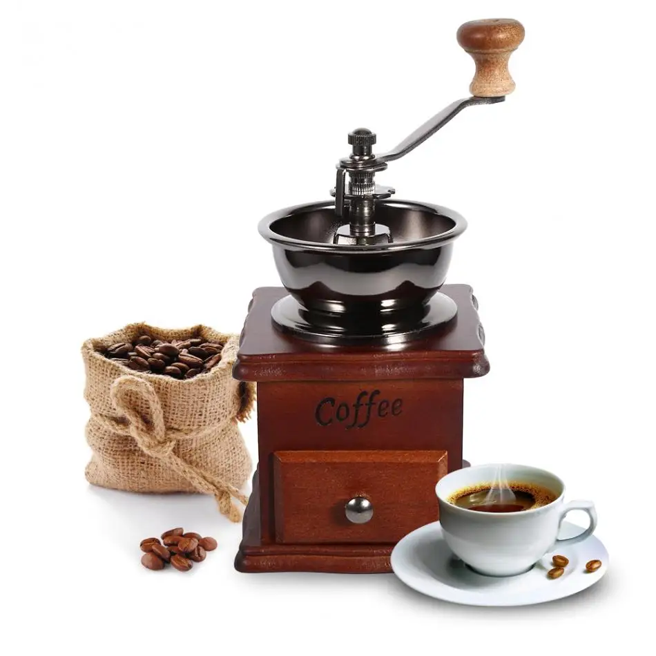 Coffee Mill Wood Stand Bowl Antique Hand Coffee Bean Grinder Retro