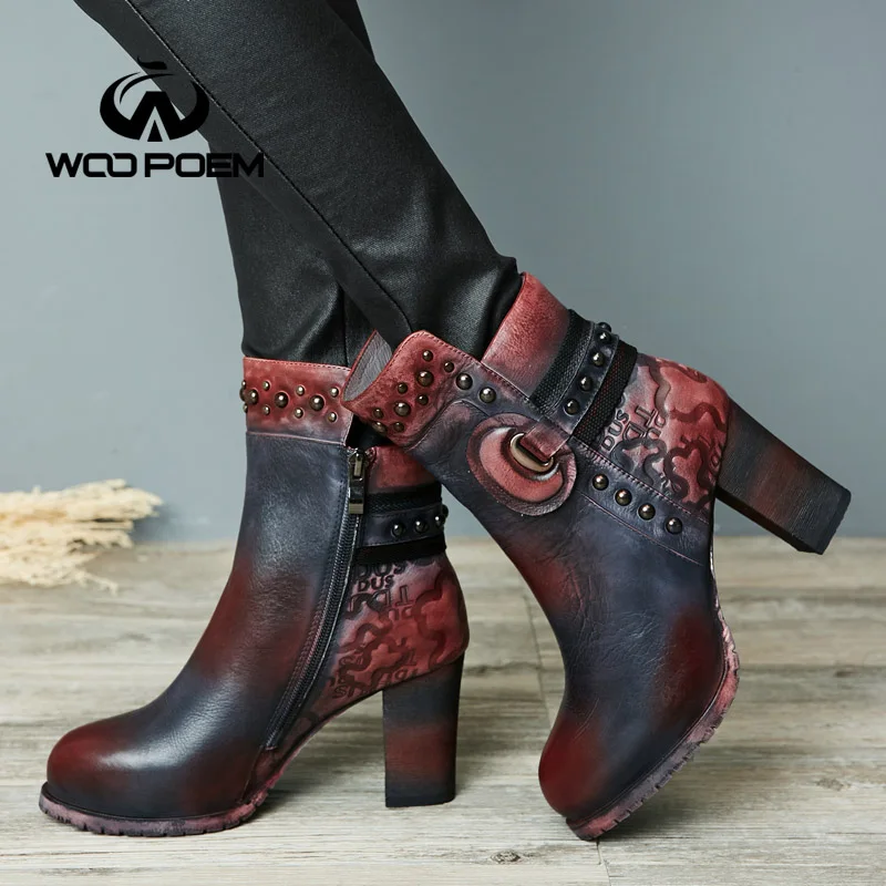 Лидер продаж г., ботинки из натуральной кожи Зимняя обувь женские ботильоны на высоком каблуке мотоботы женские ботинки ручной работы в стиле ретро
