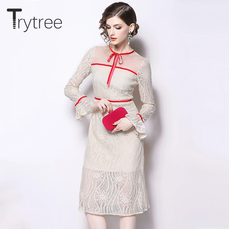 

Trytree Spring Summer Dress Elegant Lace Patchwork Mesh women Butterfly Sleeve dresses O-Neck Empire Straight Casual Dress