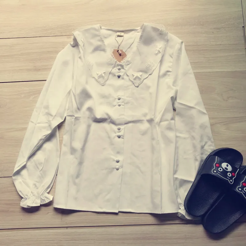 

Sweet Women's Lolita Shirt Long Sleeve Blouse Transparent Peter Pan Collar Bows Trim Daily, Cute,Comfortable Color White