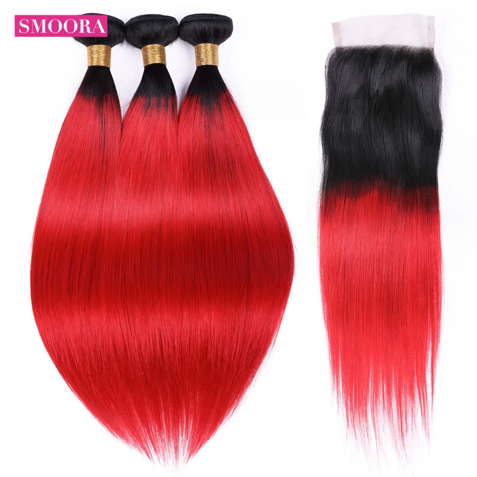 1B/Red Ombre Brazilian Straight Hair 3 Bundles With Lace Closure Human Hair Weave Bundle with Closure Ombre Dark Roots Non Remy 1B/Red Ombre Brazilian Straight Hair 3 Bundles With Lace Closure Human Hair Weave Bundle with Closure Ombre Dark Roots Non Remy