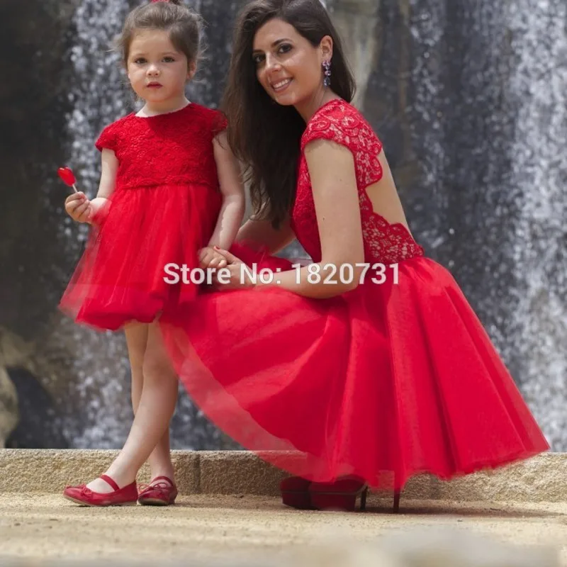 Cheap-Red-Short-Prom-Dresses-Backless-Lace-Cap-Sleeve-Daughter-Mother-Matching-Dress-For-Party-O