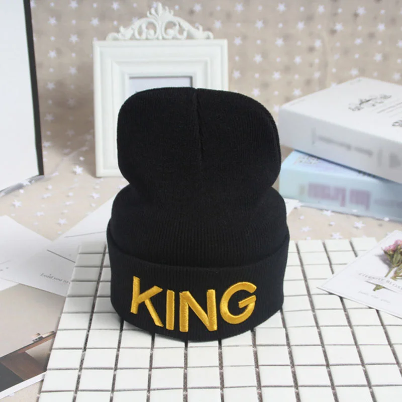 Зимние теплые шапочки Skullies, вязаная шапка KING QUEEN, шапка Skullies, головные уборы для мужчин и женщин, лыжная шапка с вышивкой NEWHot