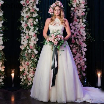 

Elegant Halter Pleat A Line Lace Appliques Wedding Dress Robe De Mariee Sofuge Boho Dubai Arabic Abiti Da Sposa Long Dresses