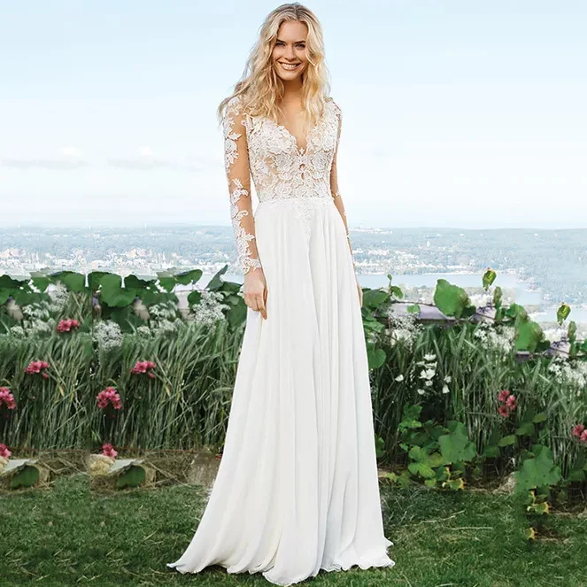 

2019 Beach Long Sleeve Wedding Dress Illusion Top Lace Applique Chiffon Skirt Boho vintage Custom Made vestidos novia