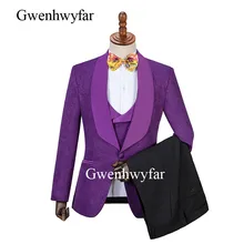 Gwenhwyfar ЖАККАРДОВЫЕ мужские свадебные костюмы Жених формальный костюм на одной кнопке фиолетовый мужской смокинг, пиджак костюм из 3 предметов костюм Homme