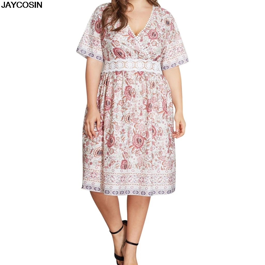 JAYCOSIN платья летние женские размера плюс цветочный стиль Высокая талия v-образным вырезом летние платья футболки одежда сделай сам слинг Длина 9508
