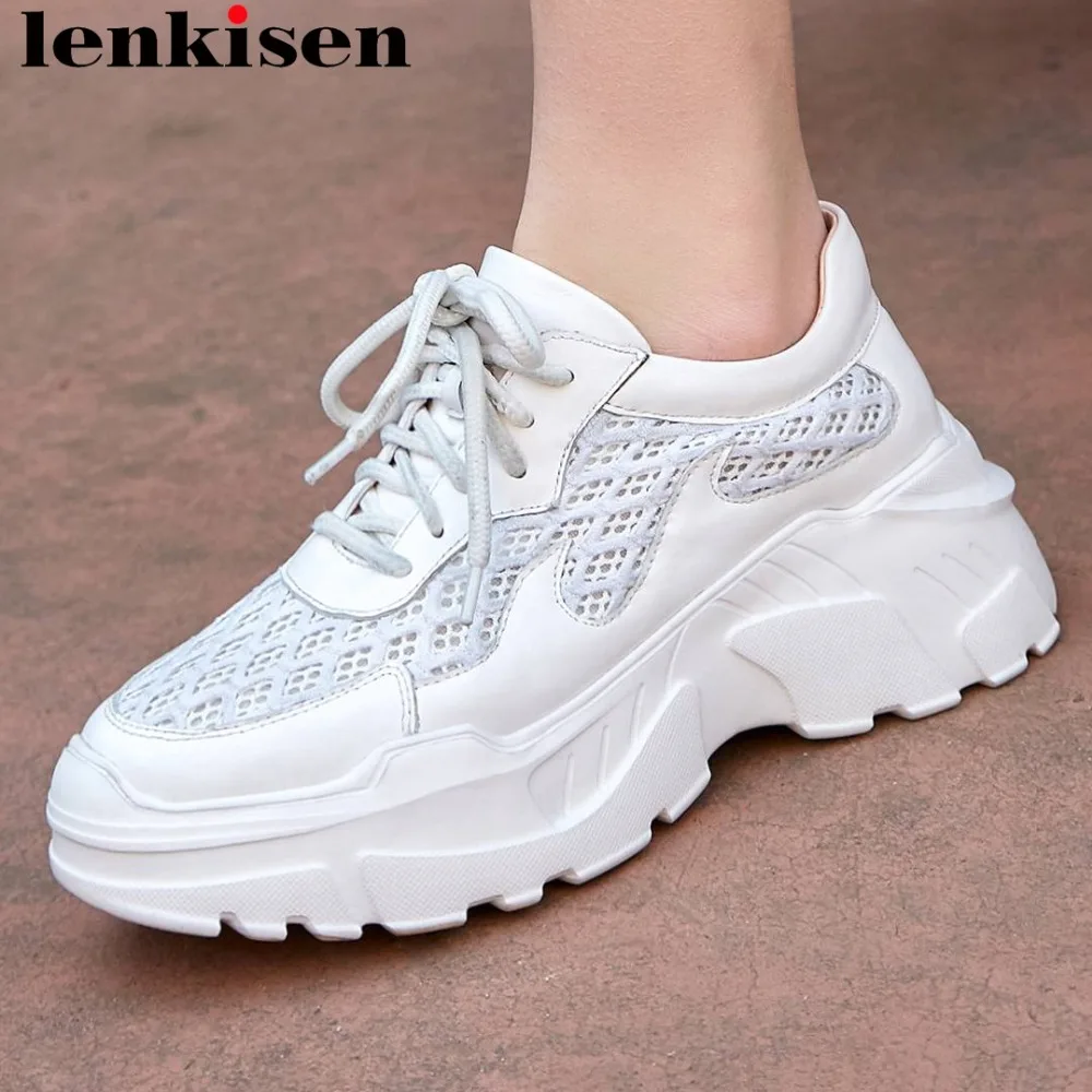 

Lenkisen popular genuine leather breathable white sneakers thick bottom flat platform lace up concise style vulcanized shoes L13