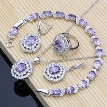 Классический фиолетовый фианит белый кристалл 925 пробы серебряные Ювелирные наборы для женщин серьги/кулон/ожерелье/кольца/браслет