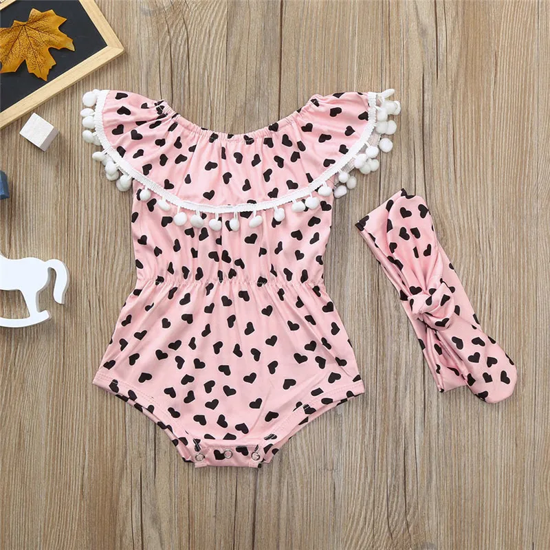 Girls suit summer 2019 new   2Pcs Baby Girls Infant Heart Tassel Jumpsuit Romper+Headband Set Clothes  (8)