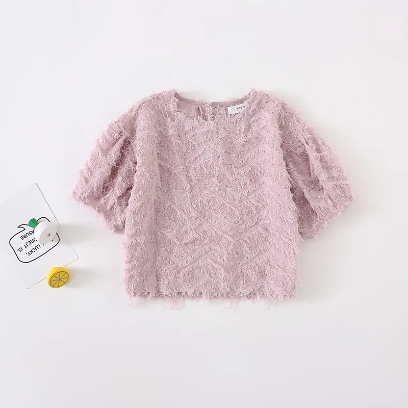 Новые летние перо дизайн футболки для девочек Дикий универсальные футболки розовый супер фея корейский кисточкой шифоновая рубашка Bebes одежда