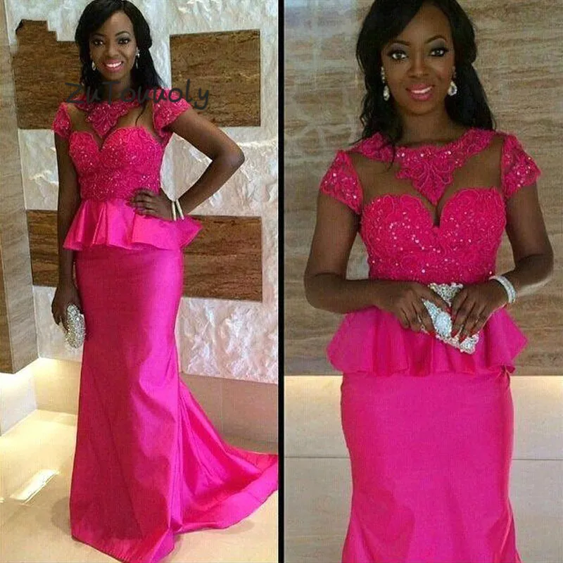 Hot Pink Appliques Mermaid Short Sleeve Evening Dress Plus Size Mother Of The Bride Dresses Lace Beading Bodice