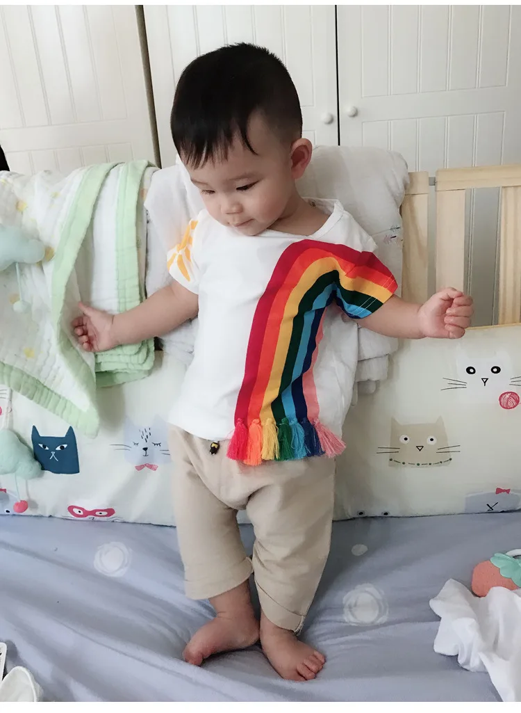 Ins Baby Rainbow флисовый детский цветочный джемпер футболки с кисточками летние детские повседневные хлопковые футболки детская одежда