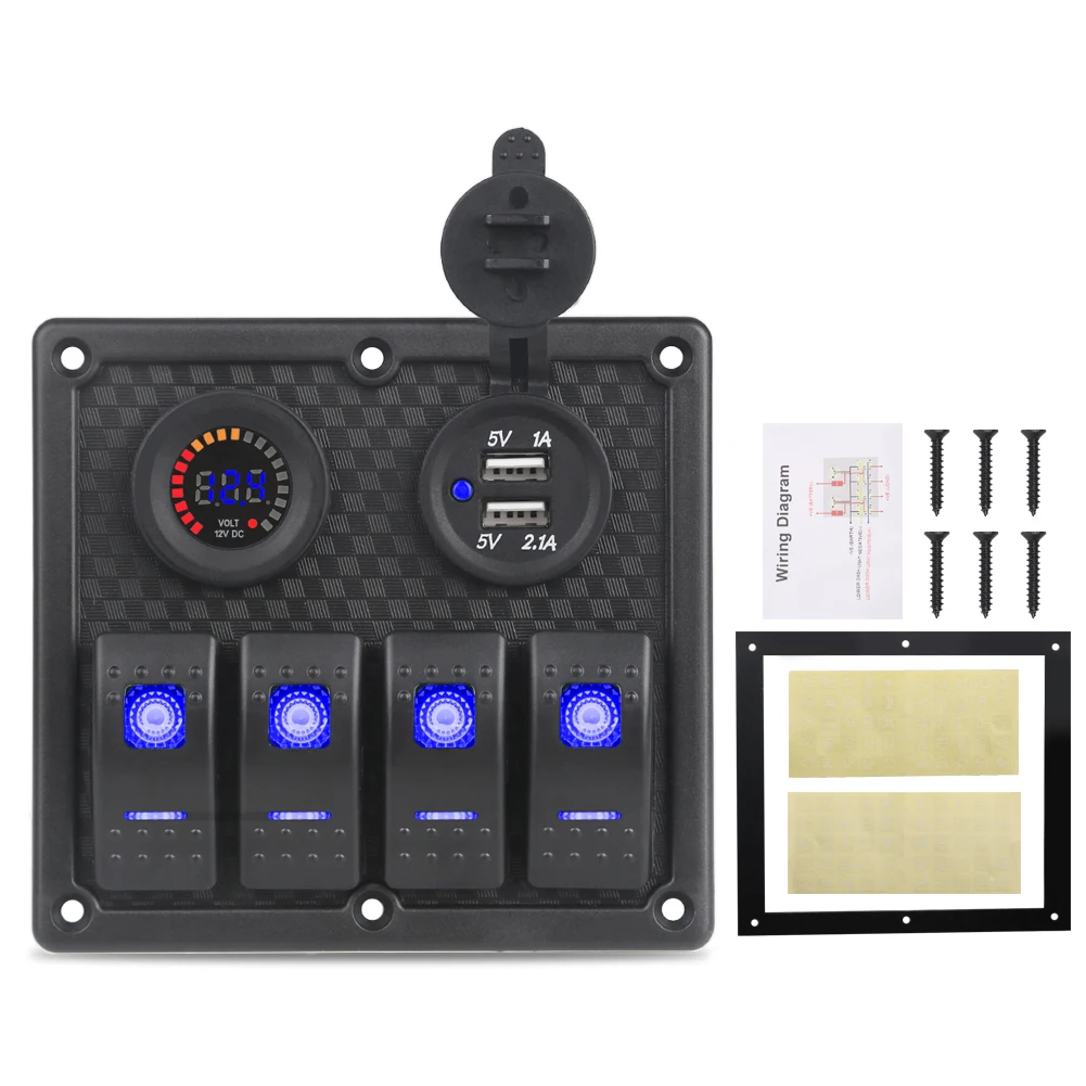 

4 Gang Car Marine Boat Switch Panel Led Display Waterproof 2 Ports Dual USB Charger Socket Panel Switch Marine 12v