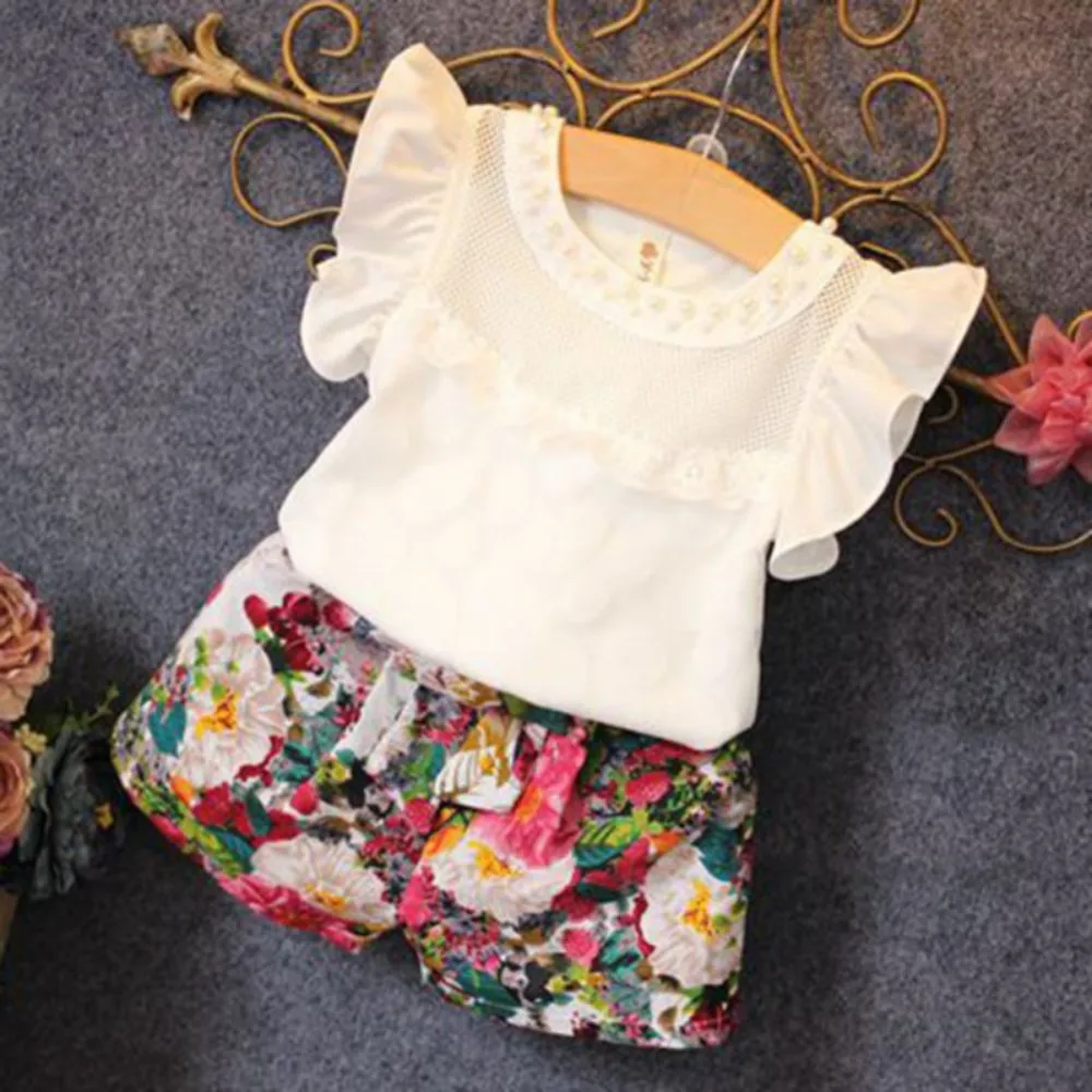 

New Sweet Girls Summer Clothes Set Children Sleeveless Solid T-shirt + Short Print Pants 2018 Girl Clothing Sets For Kids M1