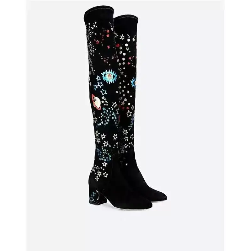 

Choudory Black Chunky Heel Vintage Thigh High Boots Suede Women Winter Boots Over The Knee Boots Stretch Florals Printed Shoes