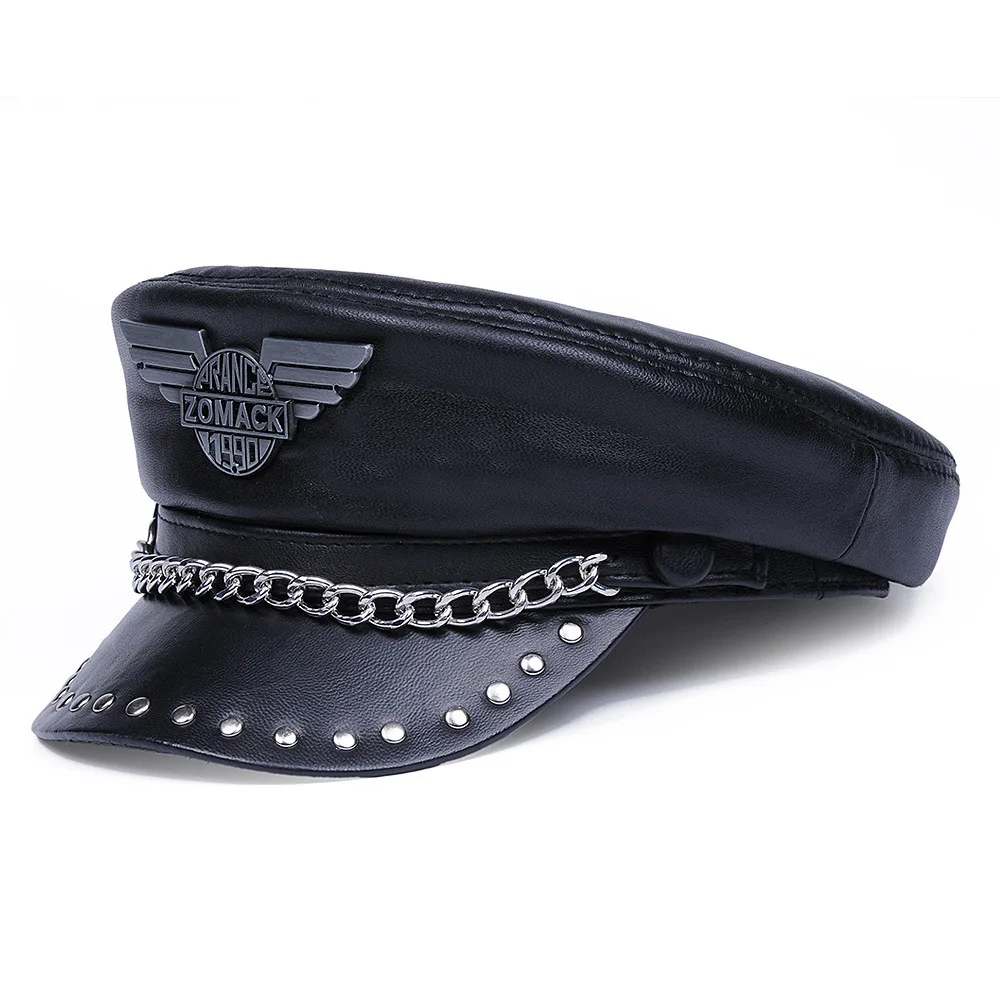 New arrival men military hat genuine leather motorcycle hats punk style