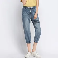 Женские джинсы с вышивкой джинсы с эластичной резинкой на талии мешковатые брюки большого размера длиной до икры тренировочные брюки с завязками pantalones 8806