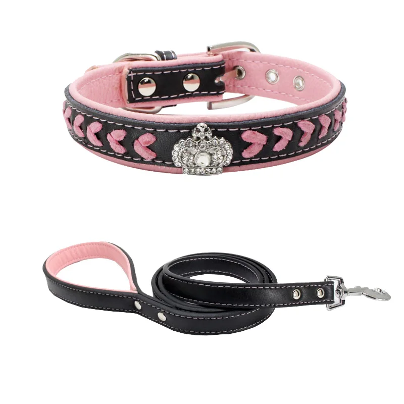 Rhinestone Crown Dog Collar Leash Sets Soft Leather Dog Collar for Big