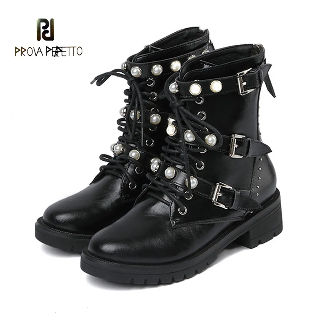 De Décontracté Pour Femme Perle Bottines Perfetto Chaussures En Martin Boucle Prova Design Noir Bottes Brand Véritable Cuir 0kXnwN8OP